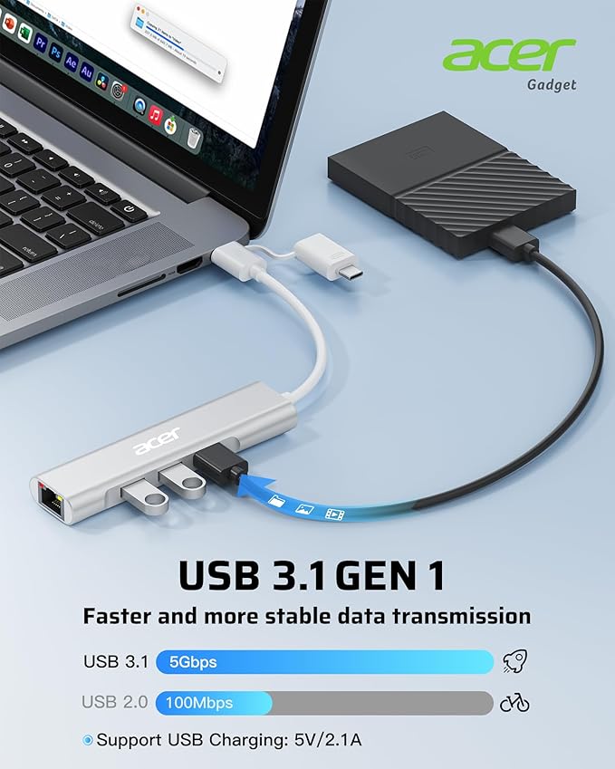 Acer USB C to Ethernet Adapter, 4-in-1 USB-A/C Hub with 3 USB-A 3.1 & 1Gbps RJ45 Networks, USB-C to LAN Adapter for MacBook Pro Air, Surface, Chromebook, Acer, Laptop, and More