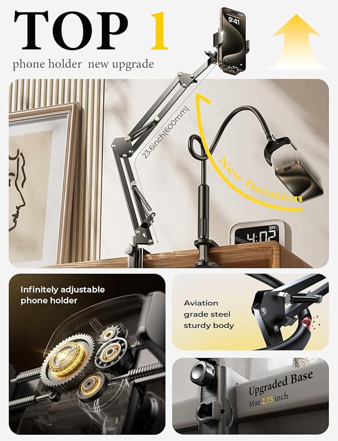 LISEN for Gooseneck Phone Holder for Bed Desk [3rd Upgrade] Cell Phone Stand for Desk Bed iPhone Holder Laying Down,Flexible Arm Clamp Clip Phone Mount Stand for Filming Fits iPhone 15 Max,Silver