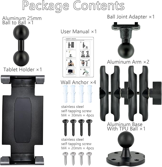 Aluminum Heavy-Duty Dual Arm Tablet Mount with 4-Point 360° Rotation Drill Base - Fits 6.5"-12.9" Tablets (iPad, Galaxy Tab, Surface) - Versatile Mounting for Homes, Businesses, Vehicles