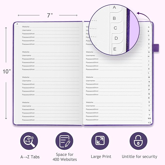 JUBTIC Password Book with Individual Alphabetical Tabs, 7"x10" Internet Password Keeper Book for Seniors, Password Notebook and Organizer/Notes Section,Purple