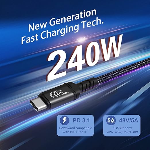 USB C to USB C Cable 10 ft, 240W Type C Fast Charging PD3.1 48V/5A 20Gbps Data Transfer Monitor Display Video USB 3.2 Cord for MacBook Pro 16 M4 140W iPhone 17 Pro Max iPad Galaxy Pixel-2Pack