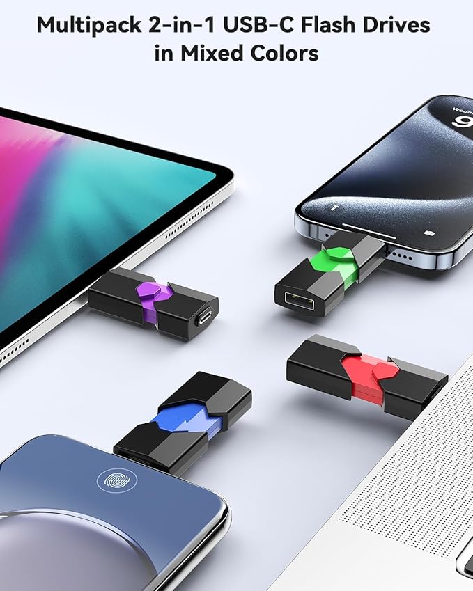 Aiibe 64GB USB C Flash Drive 5 Pack Type C + USB-A Dual Thumb Drive USB2.0 Memory Stick 64GB Flash Drives Push-Pull Portable Stick 64 GB (5 Pack, Black Green Red Blue Purple)