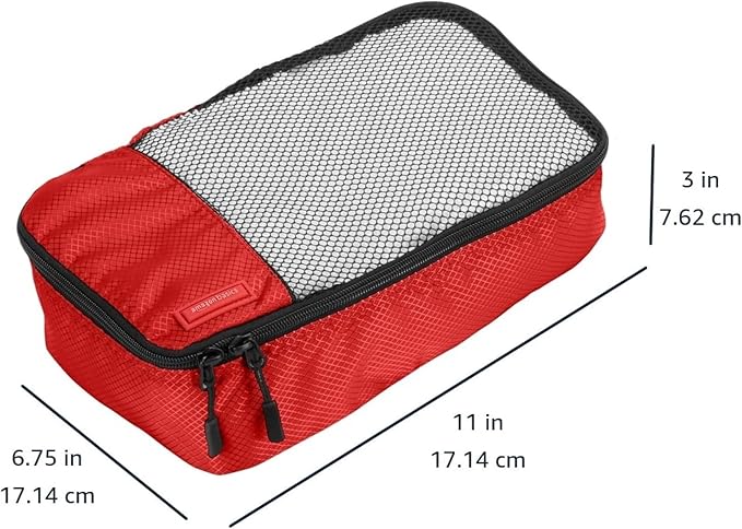 Amazon Essentials 4-Piece Packing Cubes Travel Accessories Set, Luggage Organizer with Double Zipper, Mesh Top, 100% Polyester, Small, Red (Previously Amazon Basics)