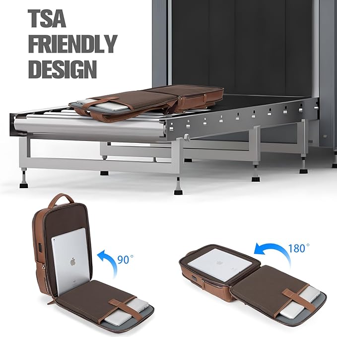 Tzowla Leather Laptop Backpack, Bag for Men and Women,Business Travel Work Rucksack Fits 15.6 Inch Laptop, Bookbag with USB and Type-C Charging Port-Brown