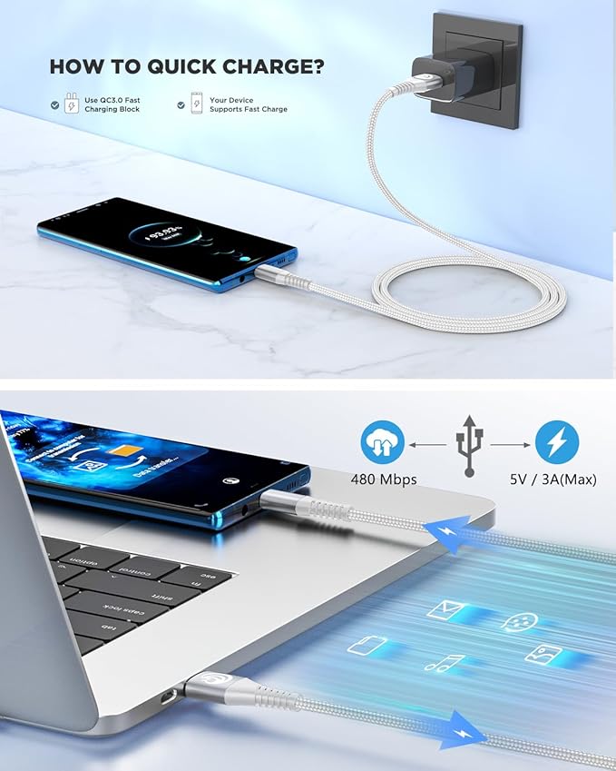 Aioneus USB C Cable, 2 Pack 3FT USBC Cable Fast Charging Cord 3A Type C Cable for Samsung Galaxy S24 S23 S22 S21 S20 A14 A15 A20 A32 A42 A53 A54, iPhone Series, Tablet, Pixel, LG, PS5(White)