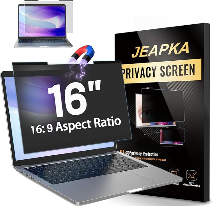Magnetic Laptop Privacy Screen Filter 16 inch for 16:9 Widescreen Computer Monitor, Removable Anti Blue Light Privacy Shield, Anti-Glare Protector