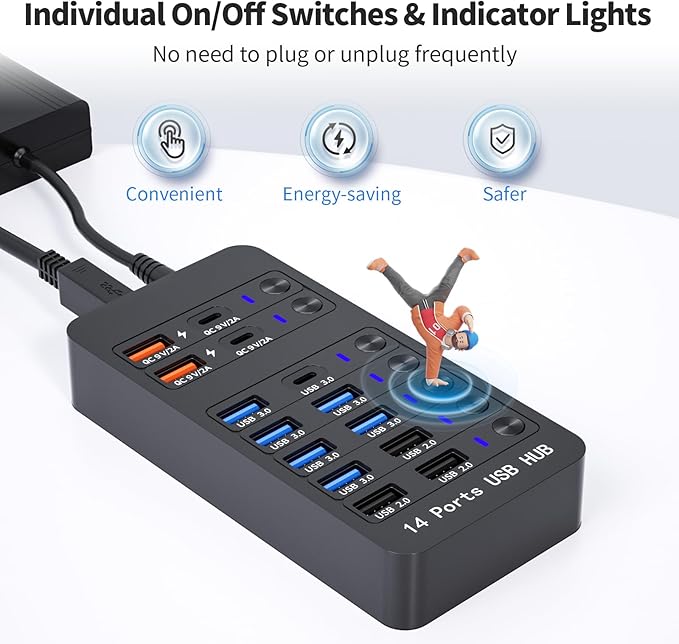Powered USB Hub, 14 Ports USB Splitter with Individual Power On/Off Switches, 60W Power Adapter for Mac, PC, and More