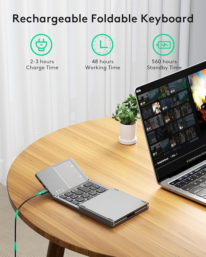 Samsers Multi-Device Foldable Bluetooth Keyboard with Touchpad Rechargeable Dual-Mode(2.4G+BTx2) Wireless Keyboard with Holder, Portable Ultra Slim Folding Keyboards for Android Windows iOS Mac OS