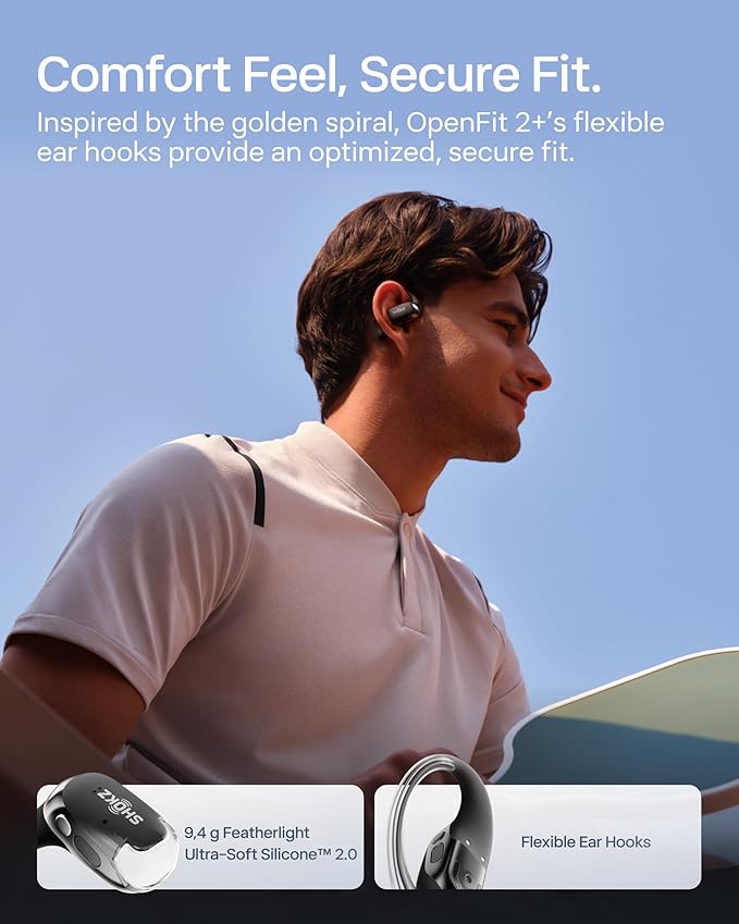 SHOKZ New OpenFit 2+ Open-Ear Headphones, Dolby Audio Enabled, Comfortable Earbuds with Soft Ear Hooks, 48H Playtime, IP55 Water-Resistant, USB-C Fast Charging, Wireless Charging, Carrying Bag, Black