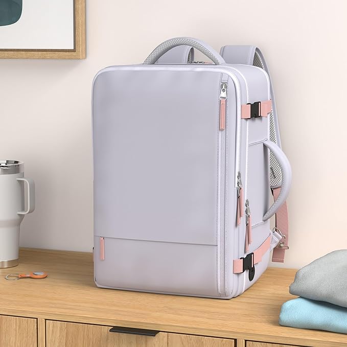 Hanples Large Travel Backpack for Women as Person Item Flight Approved, Waterproof 40L Carry On Backpack, 17 Inch Laptop Backpack for Business Bag with 2 Toiletry Bags (Gray Purple)