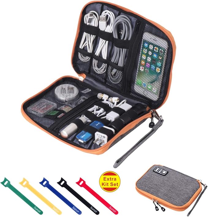 Travel Cable Organizer Bag Waterproof Portable Electronic Accessories Organizer for USB Cable Cord Phone Charger Headset Wire SD Card with 5pcs Cable Ties(Orange)