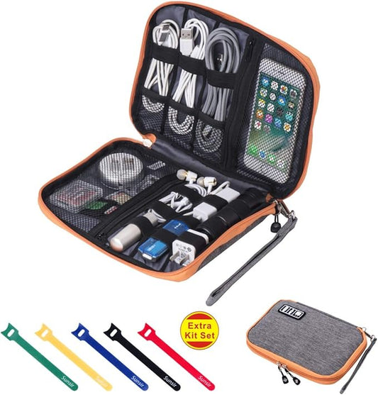 Travel Cable Organizer Bag Waterproof Portable Electronic Accessories Organizer for USB Cable Cord Phone Charger Headset Wire SD Card with 5pcs Cable Ties(Orange)