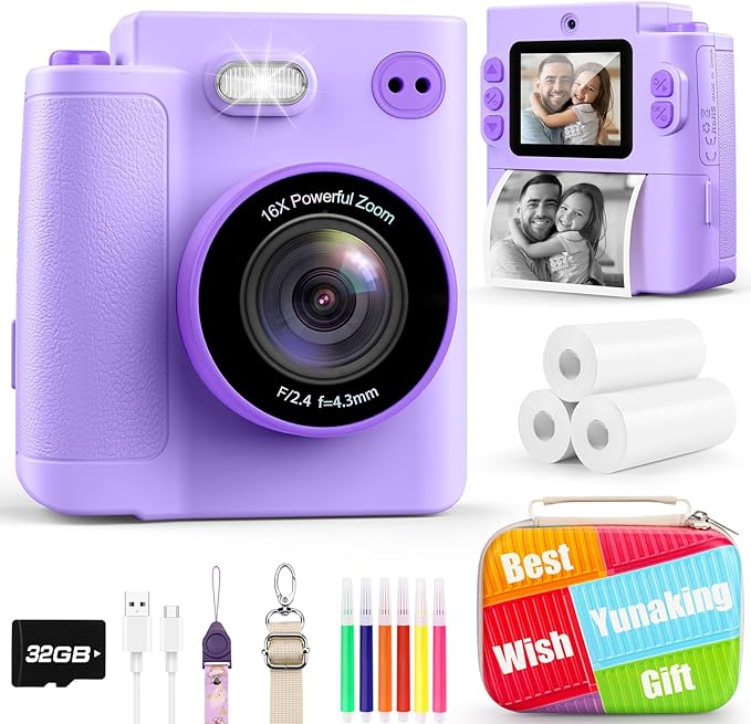 Kids Camera Gift for Girls: Selfie Digital Instant Print Cameras HD Toys for Kids Teen Girls Boys Ages 3 4 5 6 7 8 9 10 12 Birthday Christmas Valentines Easter Gifts with 32G SD Card Purple