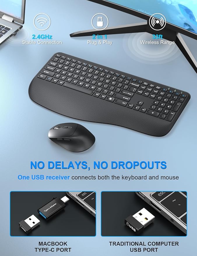 Wireless Keyboard and Mouse Combo, EDJO 2.4G Full-Sized Ergonomic Computer Keyboard with Wrist Rest and 3 Level DPI Adjustable Wireless Mouse for Windows, Mac OS Desktop/Laptop/PC (Carbon Black)