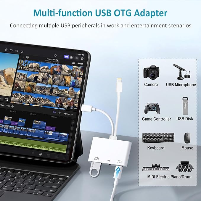 USB-C & Lightning to 3.5mm Headphone Adapter, 3-in-1 USB OTG Camera Adapter & Aux Headphone Splitter, Supports Charging/Audio/Data Transfer for iPhone 16/15/14/13/12, Samsung Galaxy S25/24, Laptops
