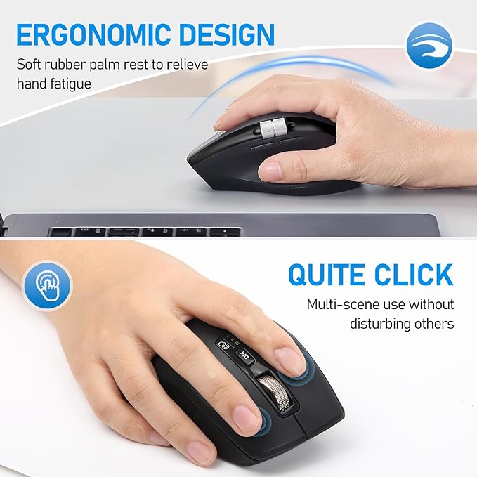 Wireless Bluetooth Side Scroll Mouse with Multi-Device, Ergonomic Computer Mice with Smart Flying Scroll, Quiet Click for Computer, Laptop, iPad, Tablet, MacBook (Black)