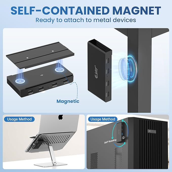 EJAY 10Gbps Magnetic USB-C Hub, 4-Port USB 3.2 Gen2 Data Transfer, Includes Sliding Rail, Screws and Sticky Pads for MacBook Laptop PC, Black