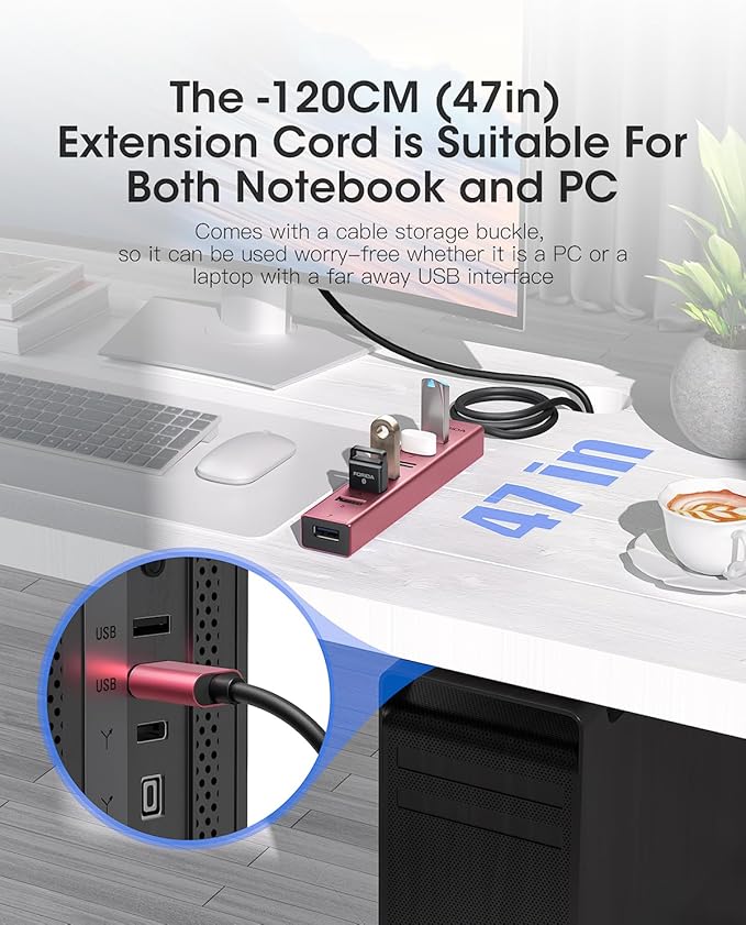 FORIDA USB Hub Long Cable 8 Ports multiport Adapter with 7-USB3.0 Data Ports and Type-C 5V/3A Power Port,USB Extender for Laptop PC and More (Rose Gold, USB A-47in)