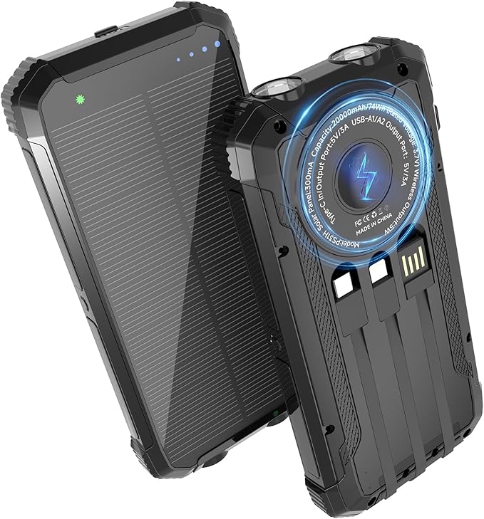 Solar Power Bank 20000mAh, Wireless Charger with 15W Fast Charging, 3 Data Cables, USB-C Output, Dual Flashlights, Portable Outdoor Battery Pack for iPhone, Samsung, and More, for Camping, Emergency