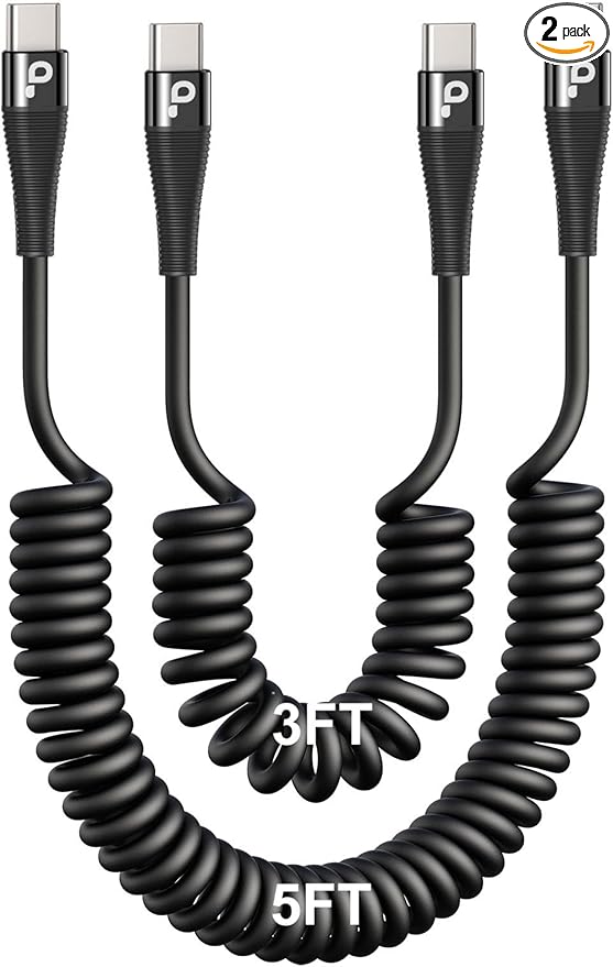 USB C to C Cable for Car 3FT&5FT, Coiled USB C Fast Charging Cable for iPhone 16 Short USB Type C Cable for iPhone 17/16/15/Pro Max/Plus/Samsung Galaxy S23, Compatible All Type C Devices-Black