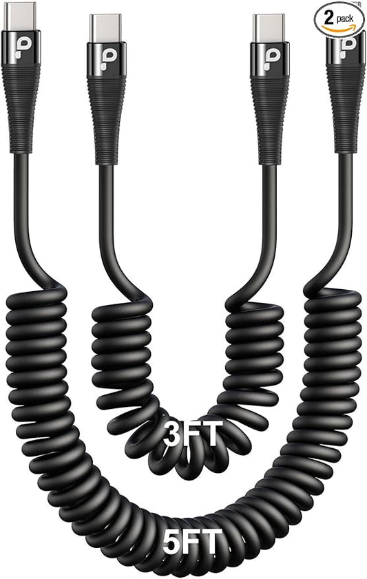 USB C to C Cable for Car 3FT&5FT, Coiled USB C Fast Charging Cable for iPhone 16 Short USB Type C Cable for iPhone 17/16/15/Pro Max/Plus/Samsung Galaxy S23, Compatible All Type C Devices-Black