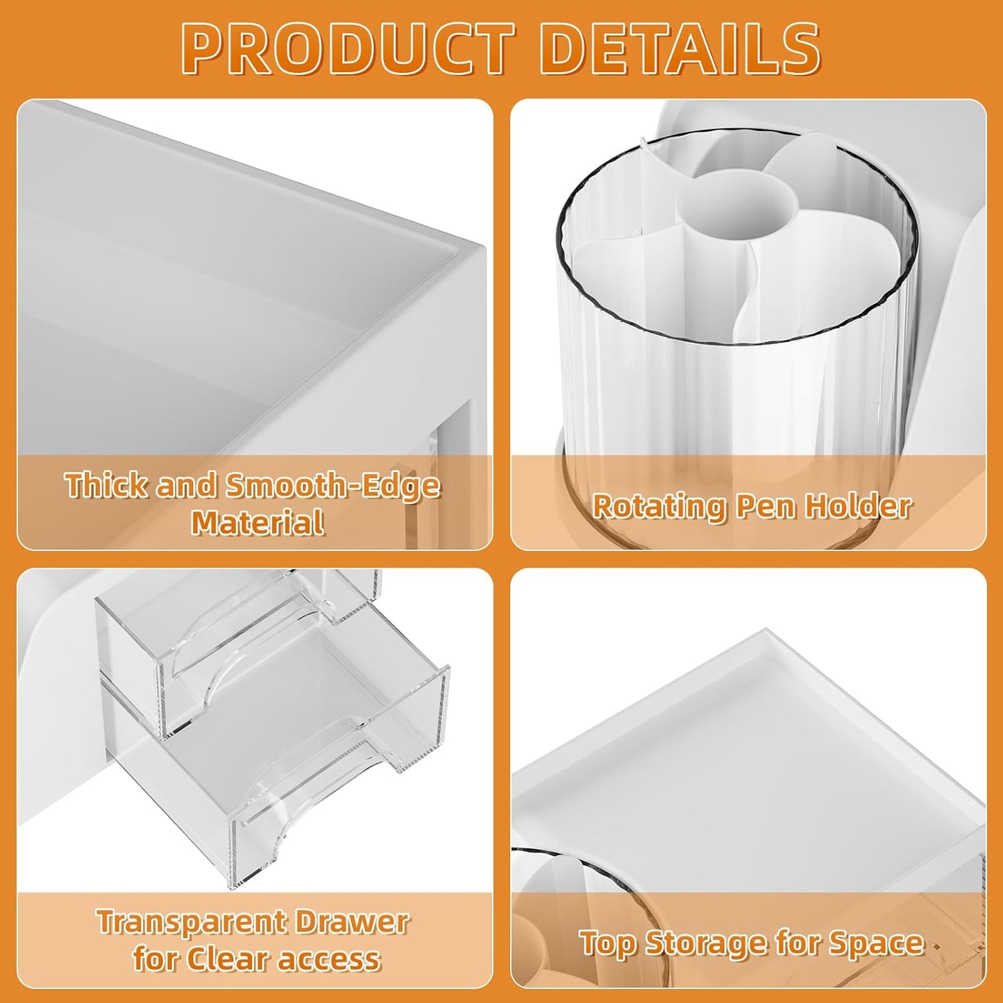 Marbrasse Desk Organizer with 2 Drawer, 360°Rotating Pen Holder, Desk Organizers and Accessories with 6 Slots Pencil Organizer + 2 Drawer, Art Supply Storage Box Caddy for Office (White)