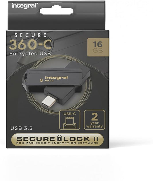 Integral Secure 360-C 16GB Software Encrypted USB Flash Drive - USB-C Connector - 256-bit AES encryption - Compatible with Mac, MacBook, PC, Laptop