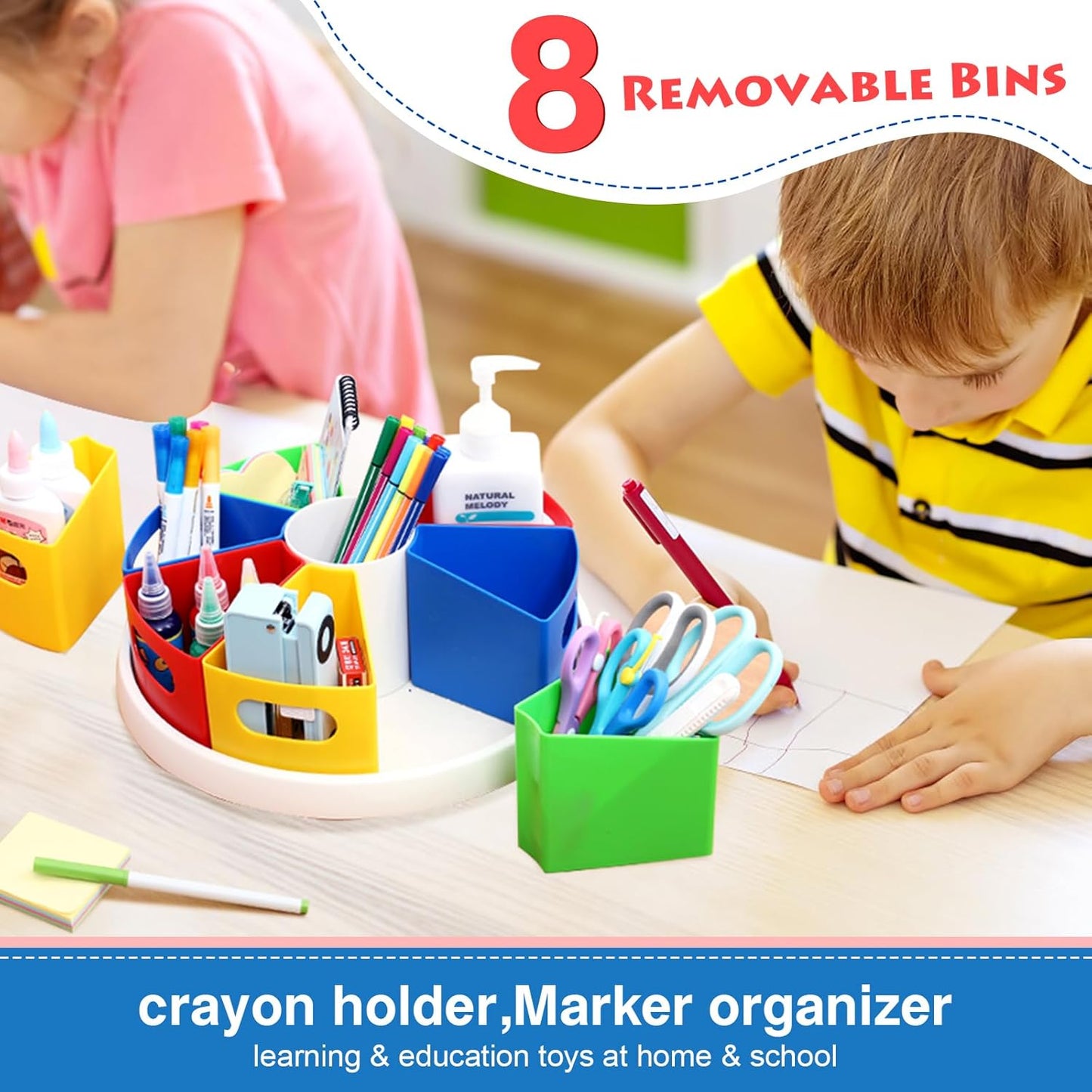 360 Degree Rotating Kids Desk Organizer, Colorful Art Supply Storage and Organization with 8 Removable Compartments, 12" Durable ABS Material for Classroom & Home Use – Perfect Teacher and Child Gift