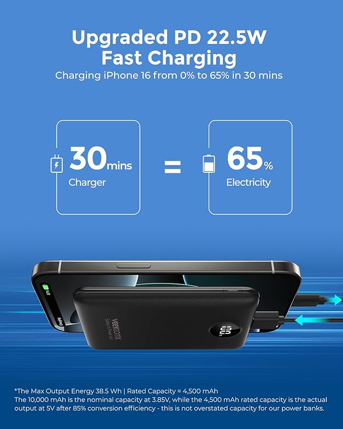 VEEKTOMX Small Portable Charger 10000mAh, Mini Power Bank 22.5W Fast Charging, Slim & Lightweight Travel Essentials, 3-Output External USB C Battery Pack Compatible with iPhone 17 16 15 (Dark Black)