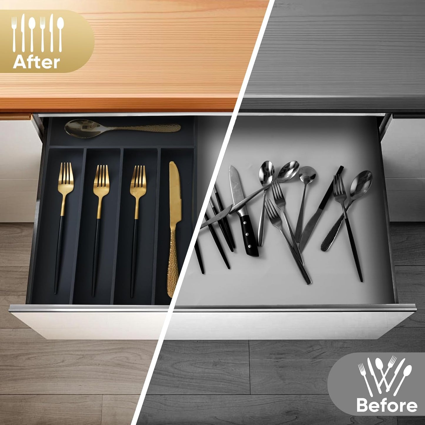 Silverware Organizer, 2 Pack 10 Inch Utensil Organizer Kitchen Drawer Organizer Bamboo Silverware Holder Cutlery Tray Organizer in Drawer Flatware Organizer Tray(5 slots, Black）