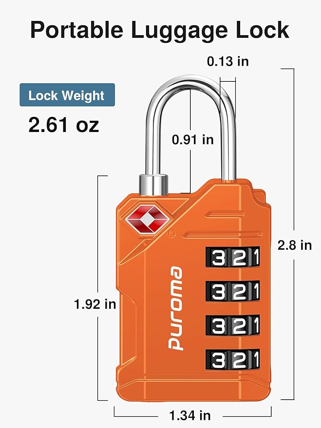 Puroma TSA Approved Luggage Locks, 2 Pack 4 Digit Resettable Travel Combination Code Lock with Zinc Alloy Body for Suitcase, Backpack, Laptop Bag, Gym Locker, Toolbox (Orange)