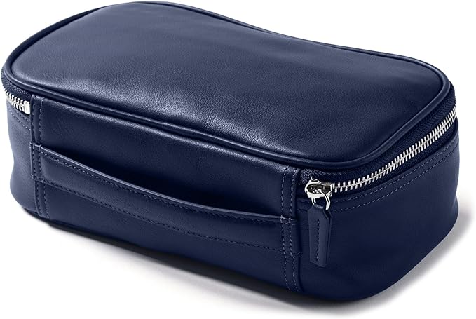 Leatherology Navy Blue Medium Leather Travel Organizer – Toiletry & Tech Case with Zipped Mesh Pocket, Elastic Loops & Water-Resistant Lining – Durable Storage for Everyday Travel