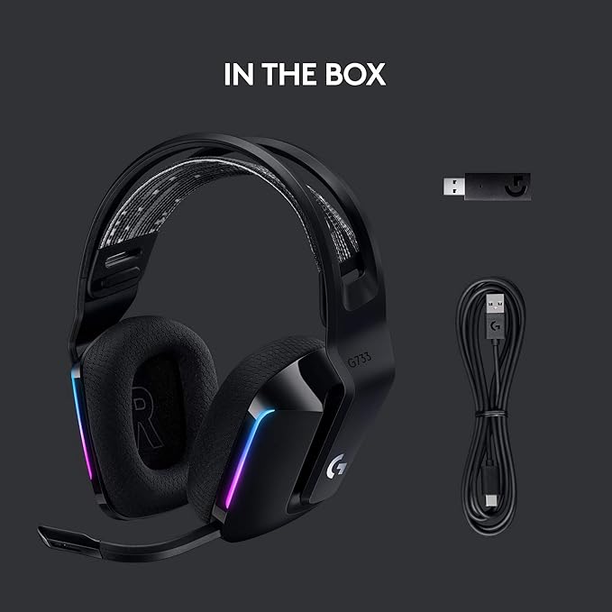 Logitech G733 Lightspeed Wireless Gaming Headset, Suspension Headband, Lightsync RGB, Blue VO!CE Mic, PRO-G Audio – Black, Gaming Headset Wireless, PC, PS5, PS4, Switch Compatible