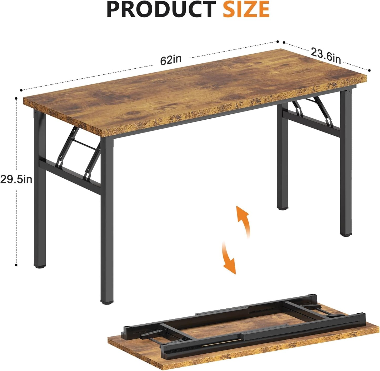 DlandHome Folding Table Computer Desk 62 Inches Workstation Table Conference Table Home Office Desk Fully Assembled Retro and Black Frame