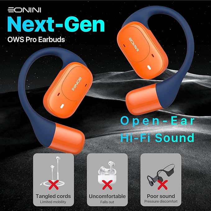 2025 Open Ear Earbuds Wireless Bluetooth Headphones, Earhook Sports Earphones with Mic, 40Hrs Playtime, Smart Digital Display, IPX5 Waterproof for Running, Gym, Cycling(Orange)