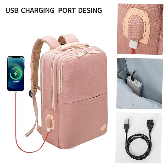 NOBLEMAN Laptop Backpack Women, Travel Work Business Carry on Computer Backpacks with Multi Compartment, Water Resistent 15.6 Inch Laptop Backpack with USB Port for Nurse (Pink Plus