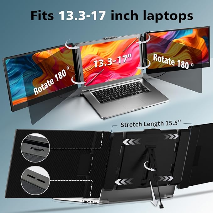 ROYY Laptop Screen Extender Triple Monitor - 14" 1080P Portable Monitor FHD Attachment Extra Screen Compatible with Windows Mac Dex Chrome Travel Work Fits 13-17" Laptops