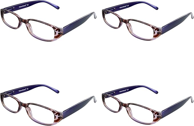 VisionGlobal 4 Pairs Reading Glasses with Spring Hinge, Blue Light Blocking Glasses for Women/Men (Purple,+6.00 Magnification)