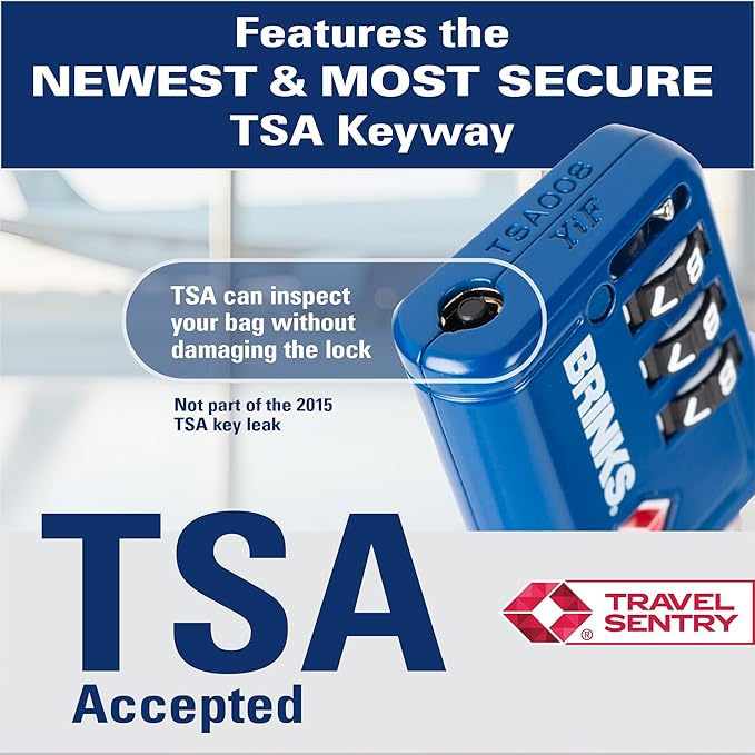 Brinks TSA Accepted Indicator Luggage Lock, Blue - Resettable 3-Dial Combination, 1.5 inch Long Cable Shackle, New More Secure TSA008 Key, 2 Pack