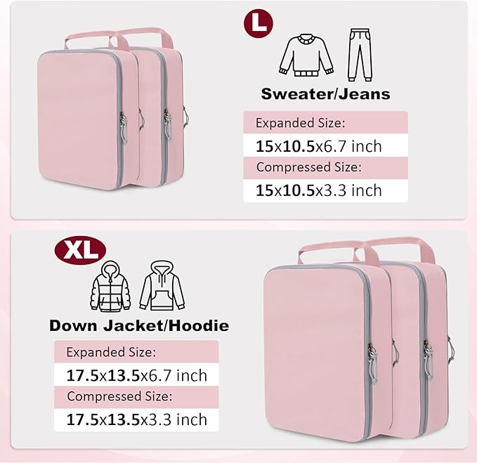 Extra Large Compression Packing Cubes for Travel Essentials, 2 Set Expandable Travel Cubes for Packing Compression Bags Luggage Suitcase Organizer, Pink