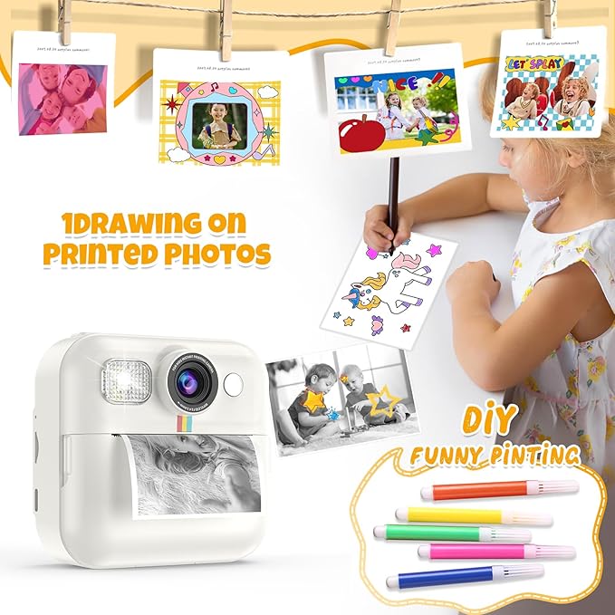 Kids Camera Instant Print Birthday Gifts for Girls Age 3-8, Toddler Cameras Travel Selfie Video Camera Toys Instantcamera for Kids with Color Pens (White)