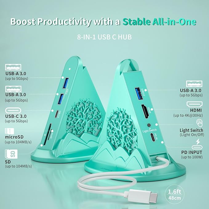 USB C HUB Multiport Adapter with HDMI 4K@30Hz, 100W PD, SD/TF Card Reader, 5Gbps 3xUSB-A and 1xUSB-C 3.0, RGB Tree 8-in-1 USB C HUB, Dock for MacBook Air, iPad, iPhone16, Laptop, etc(Green)