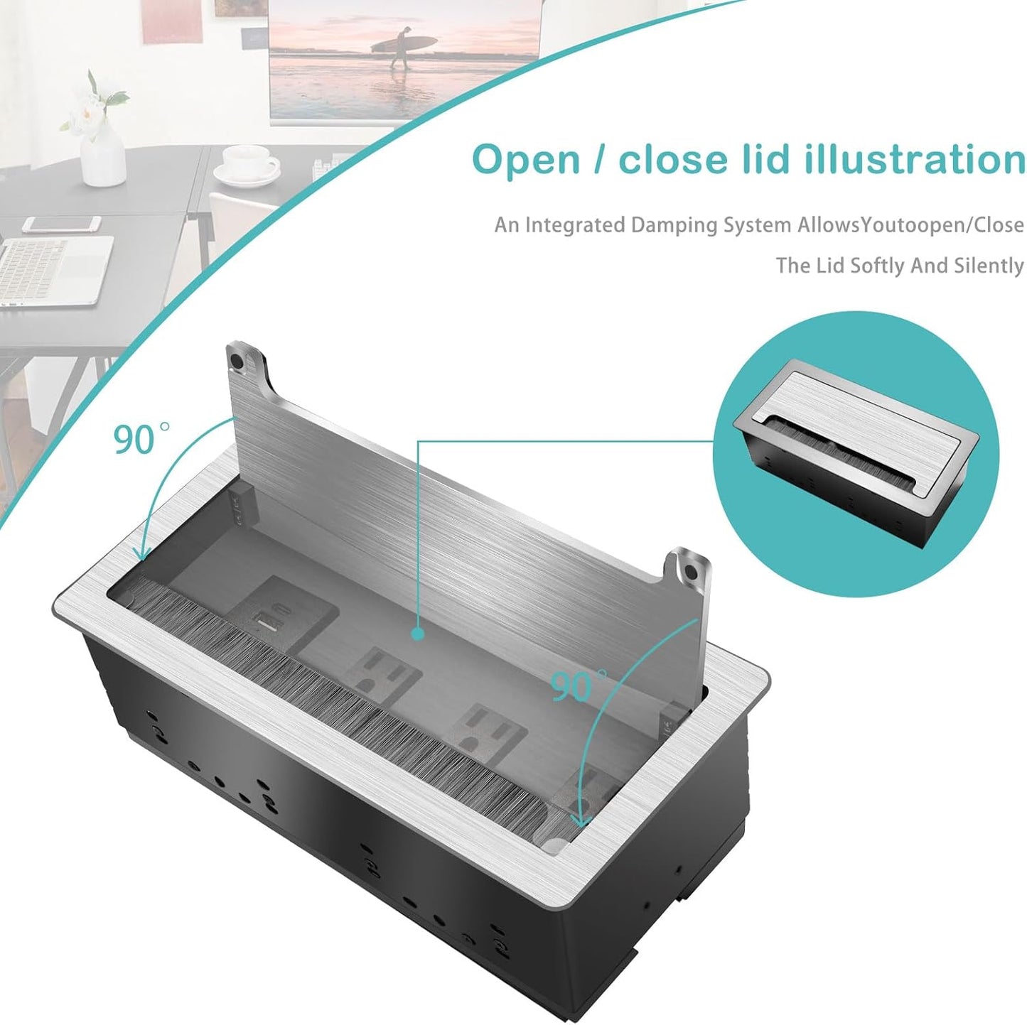Table Outlet Embedded Desk Outlet, 3 AC outlets, USB-A, USB-C Fast Charging 18W, 8FT Long 16AWG UL Cable Power Supply 1875W Used for Home Office desks Flat Plug - Silver