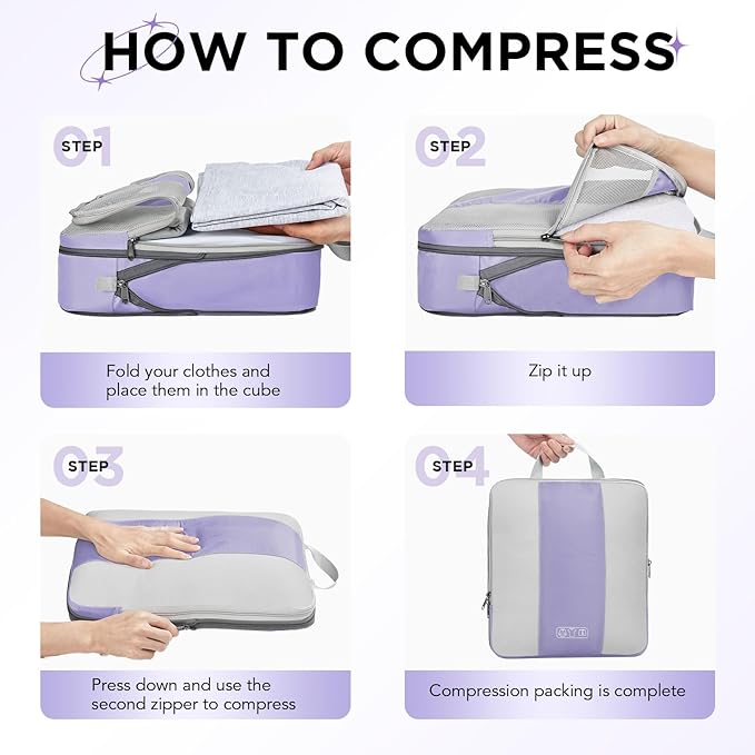 8 Set Compression Packing Cubes for Travel Essentials,Compressible Expandable Packing Cubes for Suitcase,OlarHike Luggage Organizer Bags for Travel,Handy Helper for Organizing Clothes(Purple Gray)