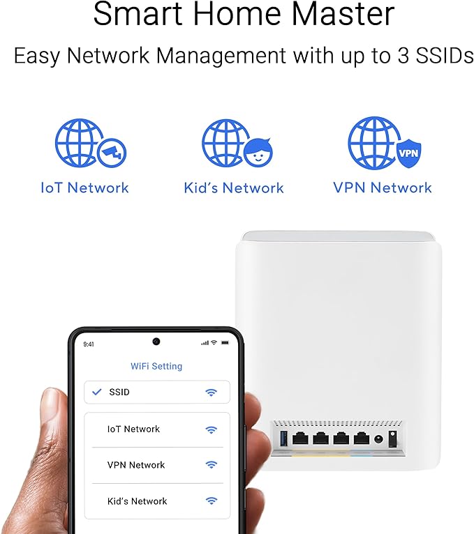 ASUS ZenWiFi BT6 Tri-Band WiFi 7 Mesh, 9.4 Gbps, 3000 sq.ft. (1pk), 2.5G WAN Port, Security and Parental Controls Included, Smart Home Master SSIDs, 4G & 5G Mobile Tethering