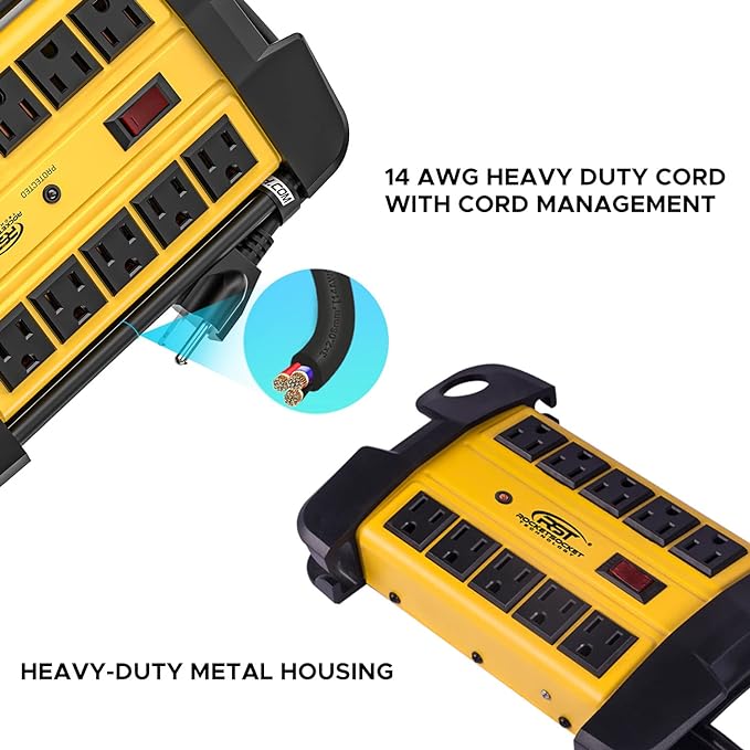 CRST 10-Outlets Heavy Duty Power Strip Metal Surge Protector with 15 Amps, 15-Foot Power Cord 2800 Joules for Garden, Kitchen, Office, School, ETL Listed(3165047) (10-Outlet, Yellow)