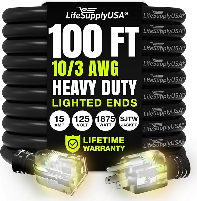 100ft Outdoor/Indoor Extension Cord 10/3 Gauge Ultra Heavy Duty 3 Prong SJTW, Waterproof, Flexible Cold-Resistant Long Power Cord,15A 125V 1875W, Black by LifeSupplyUSA
