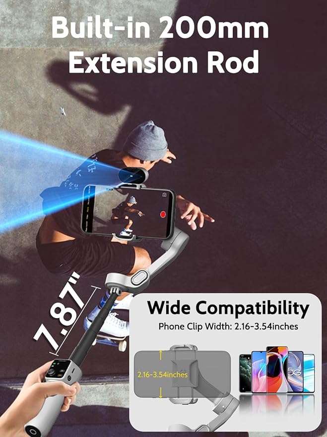 AOCHUAN Gimbal Stabilizer for Video Recording, Smartphone 3-Axis Smartphone Gimbal with AI Tracking Sensor for Vlogging,7.8' Extension Rod,Trigger Button,YouTube Tiktolk(Smart V8 AI White)