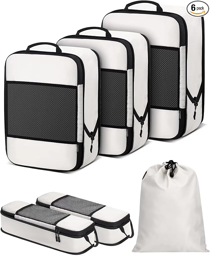 6 PCS Set Compression Packing Cubes for Travel, Lightweight Packing Organizer Bags Travel Essentials for Carry On, Suitcase, Home Closet - Beige