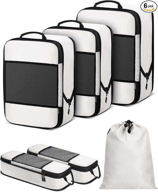 6 PCS Set Compression Packing Cubes for Travel, Lightweight Packing Organizer Bags Travel Essentials for Carry On, Suitcase, Home Closet - Beige